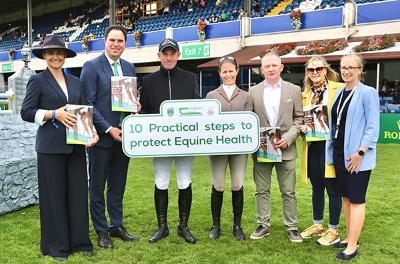 Vivienne Duggan (UCD School of Veterinary Medicine), Martin Heydon T.D. (Minister of State at DAFM), Cian O’Connor, (Karlswood Stables), Sarah Ennis (Sarah Ennis Eventing), Alan Creighton (Irish Equine Centre), Debbie Grey (Irish Equine Centre), Wendy Conlon (Teagasc) at the launch event at the RDS Horse Show