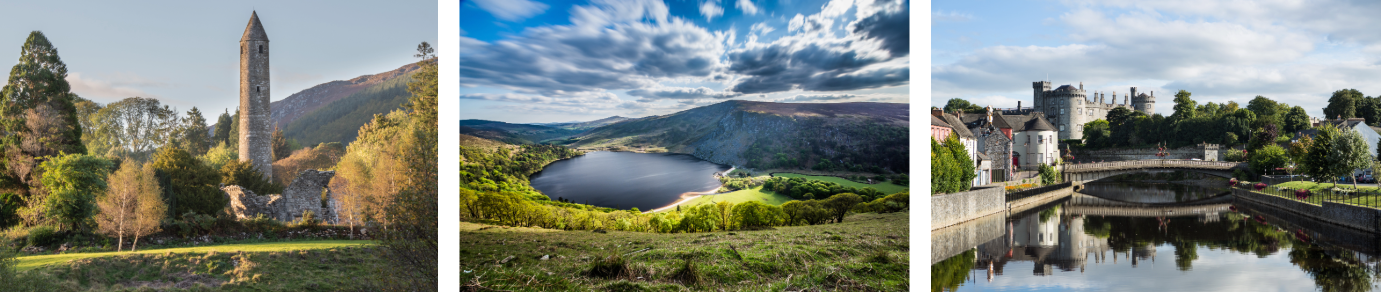 Images of Glendalough Round Tower, the Wicklow Mountains and Kilkenny City