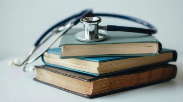 An image of a stack of books with a stethoscope on top