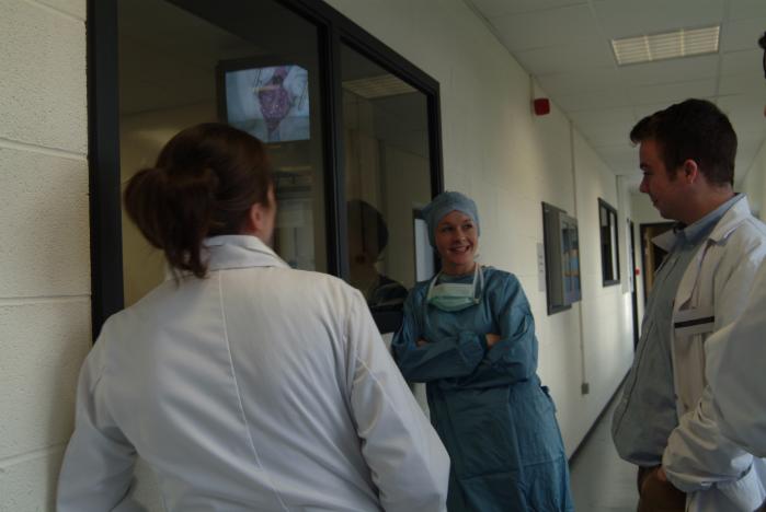 Veterinary clinicians and staff in surgical attire talking together in a hospital corridor outside an operating theatre at the UCD Veterinary Hospital.