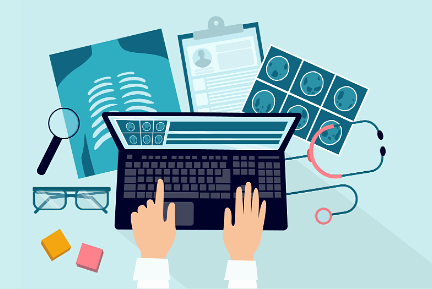 Graphic of hands working with laptop and patient documents, top view